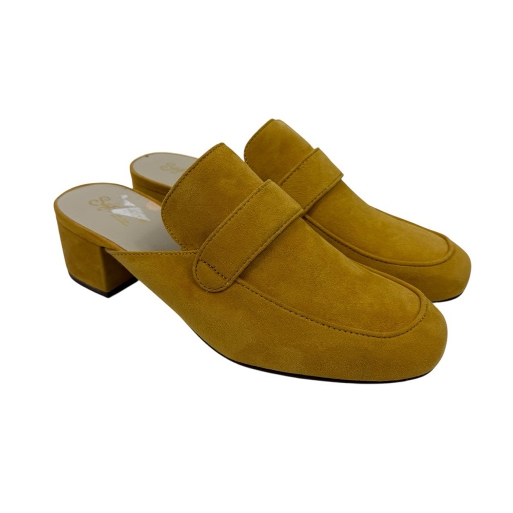 Seychelles Mimic Suede Mustard Yellow Block Heel Mule Loafers Sz 9
